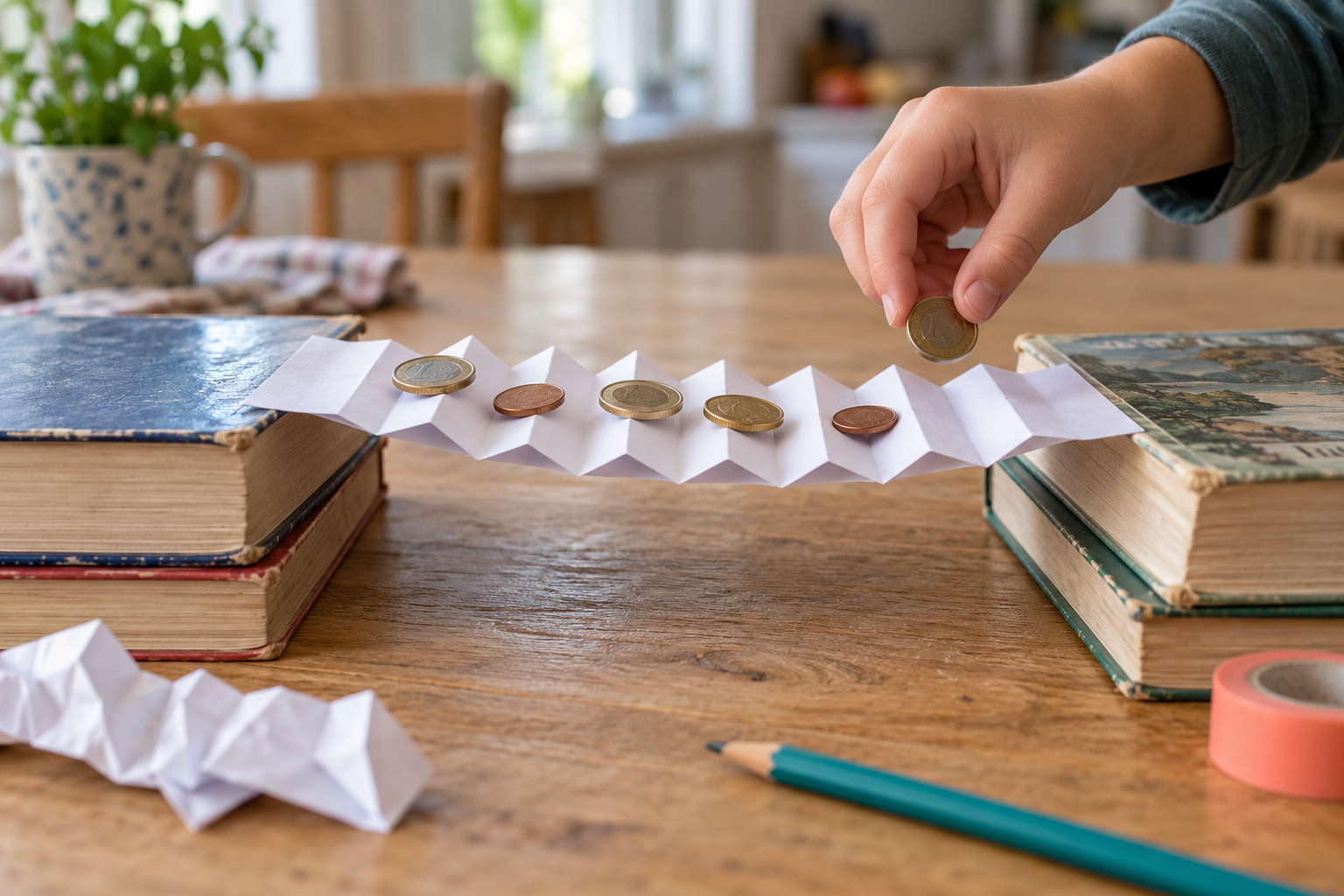 Papierbrücke mit Münzen, nach einem KI-Bauplan gebaut