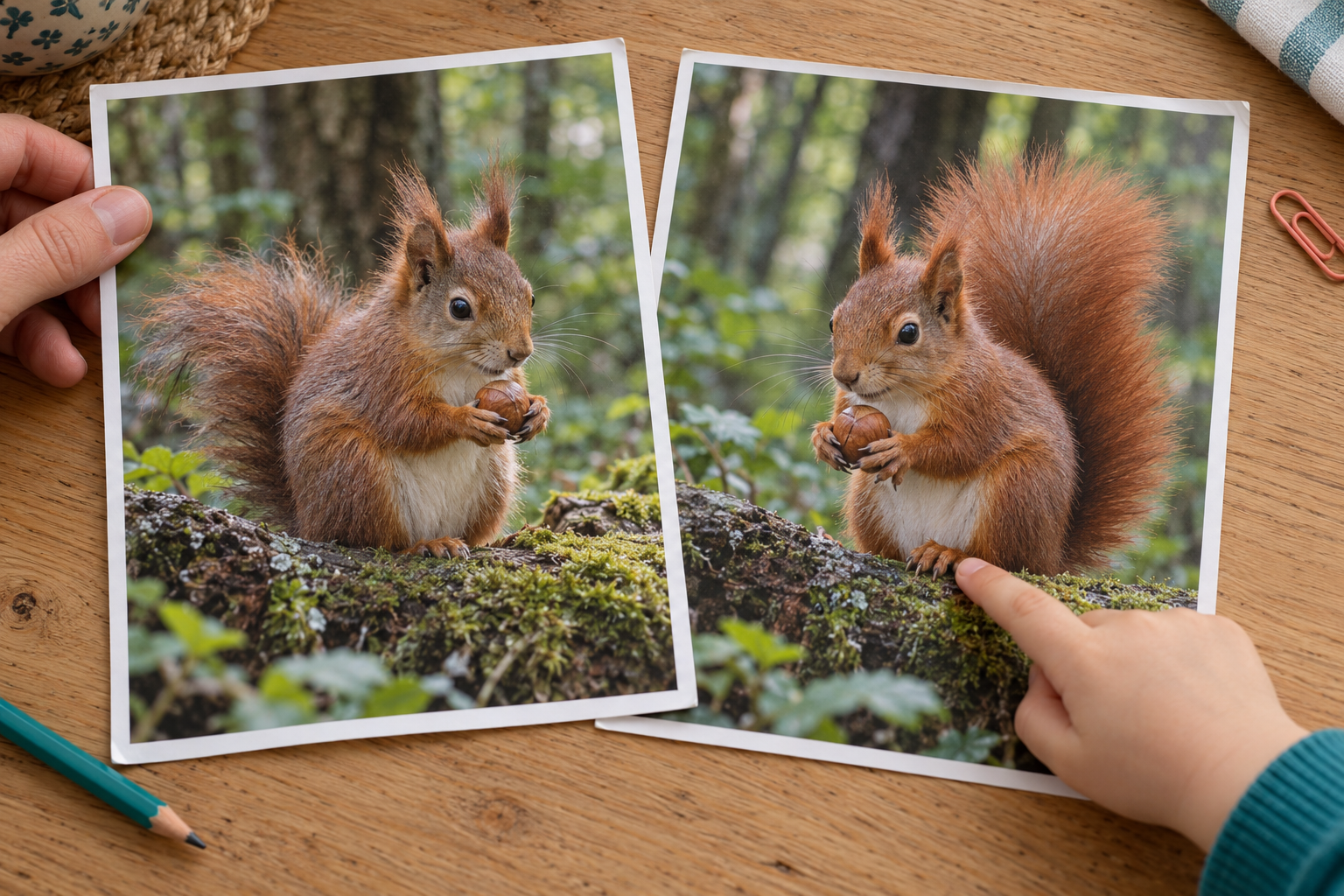 Kind und Erwachsener vergleichen zwei Fotos von Eichhörnchen auf dem Tisch